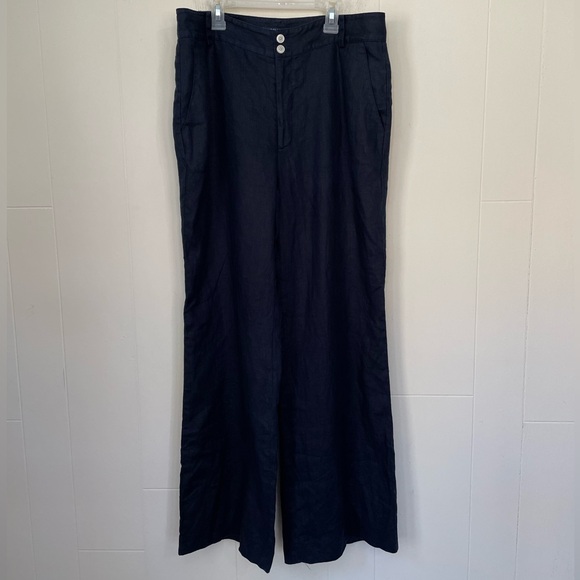 Chaps Linen Trousers Pants Pockets Dark Blue Minimal Coastal Grandma Size 12 - Picture 1 of 15
